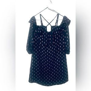 Skies Are Blue Womens Sz Small Boho Blue Mini Dress Cold Shoulder Balloon Sleeve